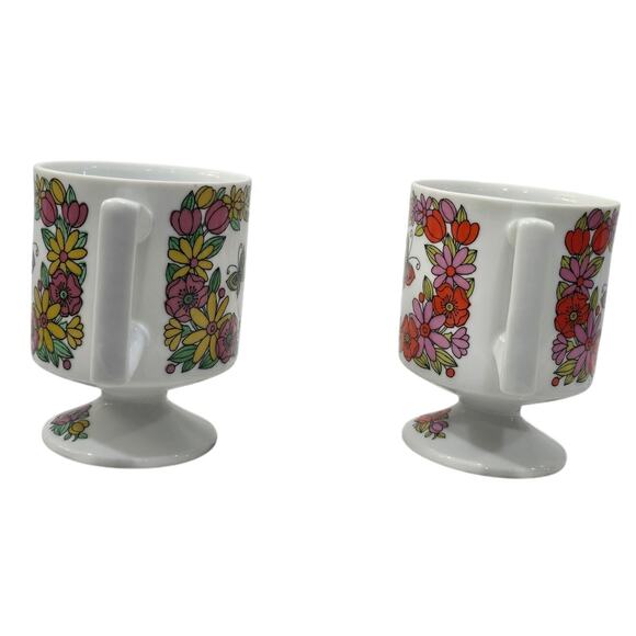 Vintage 1960s-70s Pedestal Mugs – Pair – Retro Butterfly & Floral Design - Picture 4 of 15